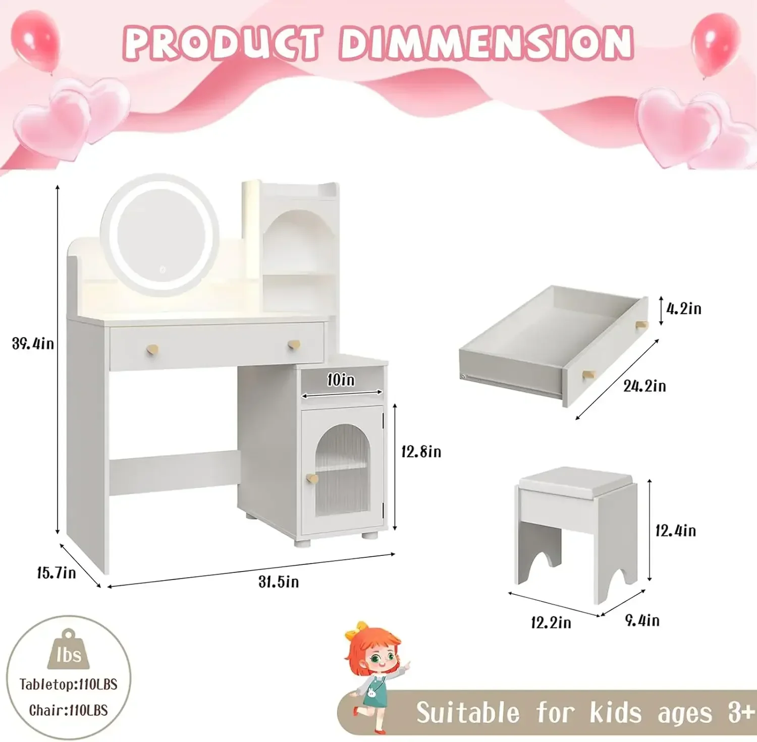 Vabches Kids Vanity Table and Chair Set, Toddler Dressing Table for 5-12 Year Old Little Girls, 2 in 1 Princess Makeup Vanity wi