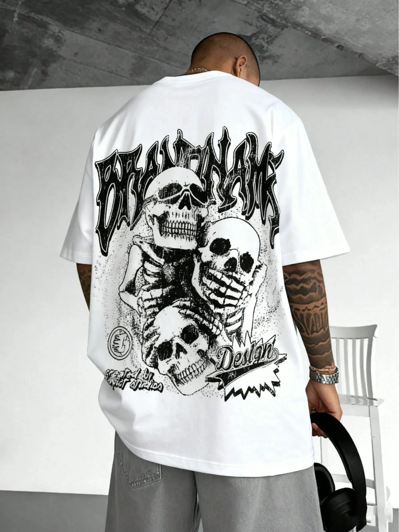 Parent‑Child Matching Oversize T‑Shirt Triple Skulls Distressed Gothic Graffiti Font Back Print Dark Streetwear Cotton Tee Tops