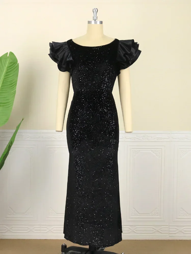 Women Elegant Black Glitter Dress Fishtail Velvet Bodycon Maxi Dresses vintage classy Birthday Party Night Celebrity Outfits