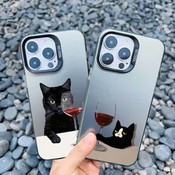 Cute Cat Goblet Drink Couple Phone Case For iPhone 12 11 Pro Max 17 16 15 14 13 Pro Max 13 Mini Plus Shockproof Laser Back Cover