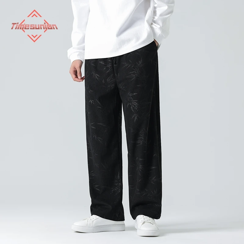 

Осень зима Кордурой брюки мужчина мешные бамбуковый лист печать прямые ноги повседневные брюки широкие ноги универсальные брюки мужчины свитерки