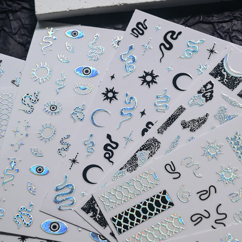 12 stks/set Laser Zilveren Slang Nagelstickers Retro Dieren Slangenprint Franse Nagelstickers 10*8 cm Zelfklevende Slang Nagelschuivers