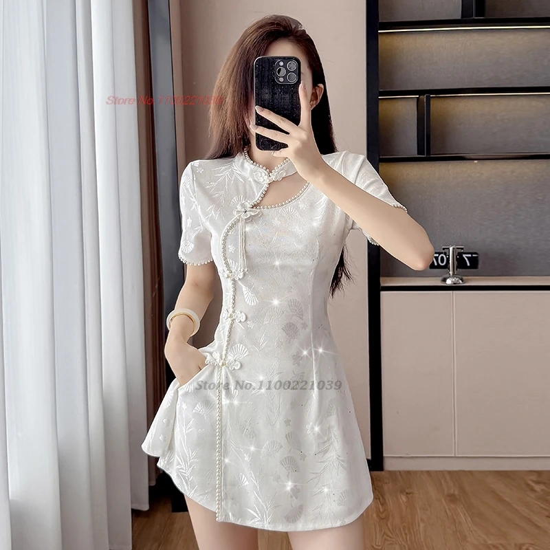 

2025 chinese sexy qipao nightclub dress traditional satin jacquard cheongsam dress+shorts set oriental hotel spa work dress