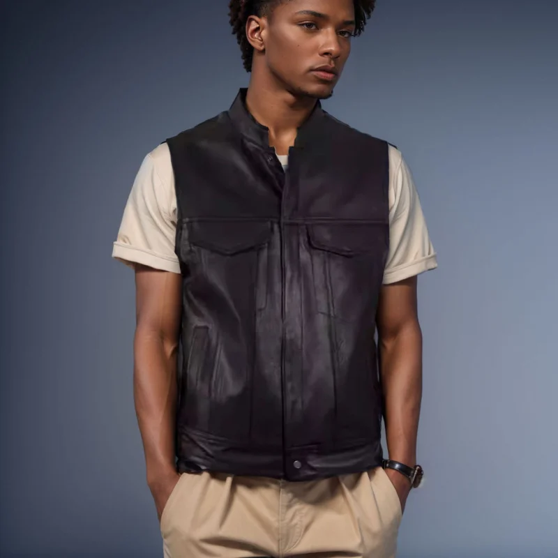 Men's Fashion Casual Leather Waistcoat Trendy Leather Suit Vest Men's Single-Breasted Cardigan Pocket Stand Collar Coat Men