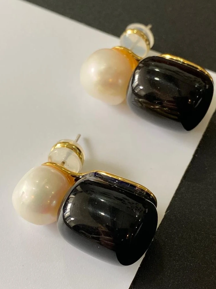 Brass Real Natural Pearl Geo Earrings Women Jewelry Punk Party T Show Gown Runway Trendy  Korean Japan Israel  Style INS