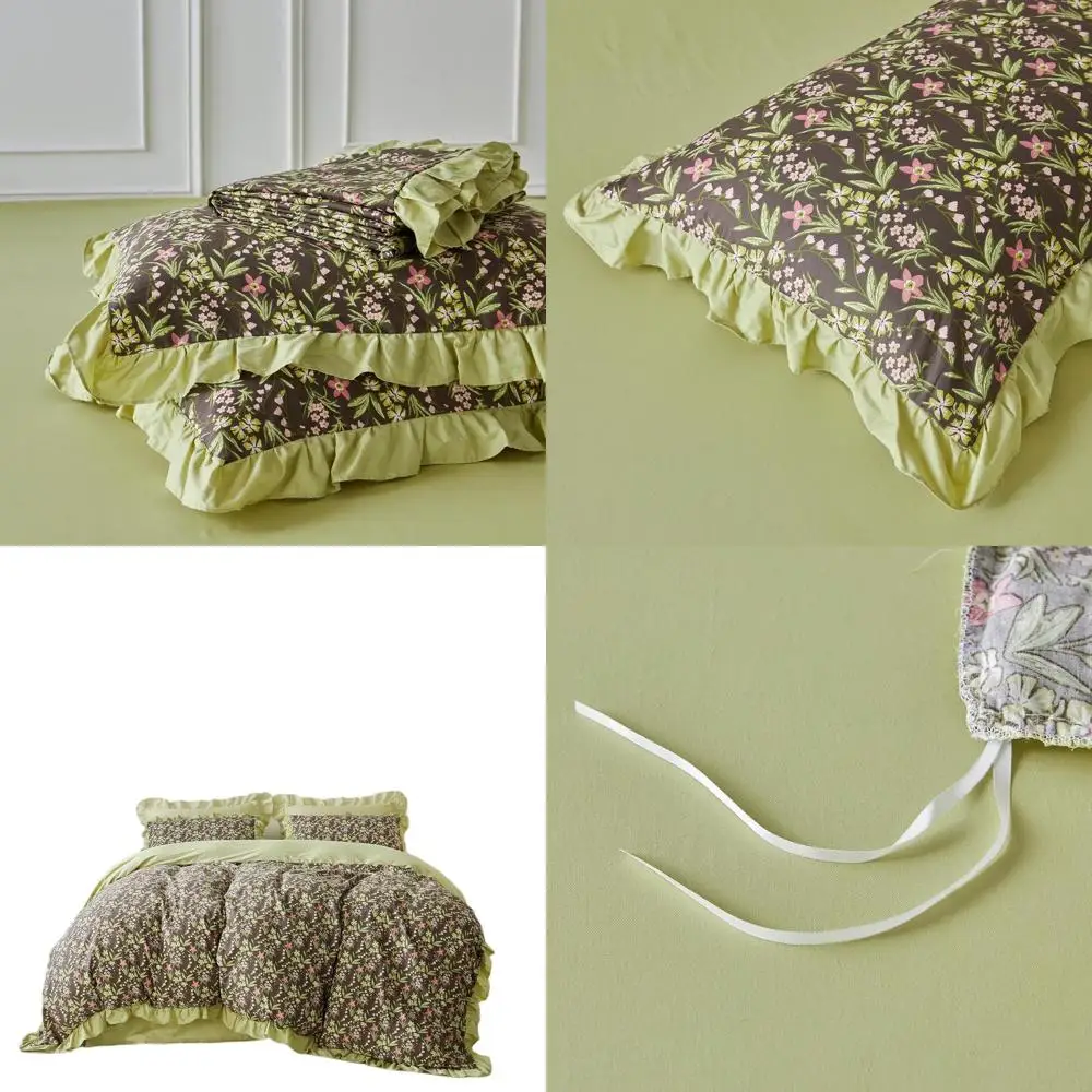 

Комплект хлопкового пододеяльника с рюшами размера «queen-sage Green» с коричнево-розовым цветочным узором и застежкой-молнией