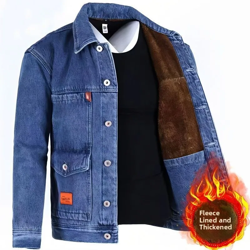 Thickened Fleece Men's Denim Jacket Wear-resistant Warm Windproof Winter Middle-aged Large Size Coat Jeans Jacket Casual Style