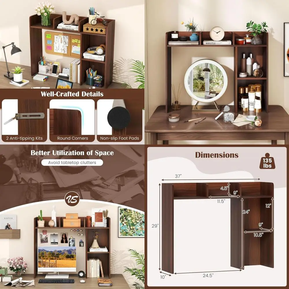 

27 Inch Monitor Wood Desk Hutch with 5 Shelves, Storage Display Rack for Home Office, Multipurpose Walnut Bookcase