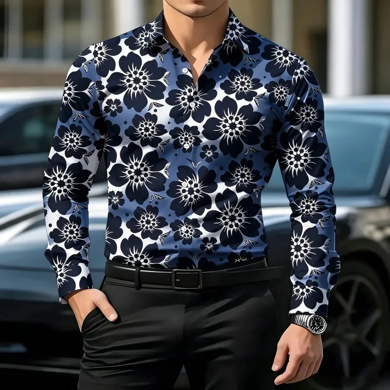 Men's Black Floral 3D Print Long Sleeve Stand Collar Shirt Casual Blouse