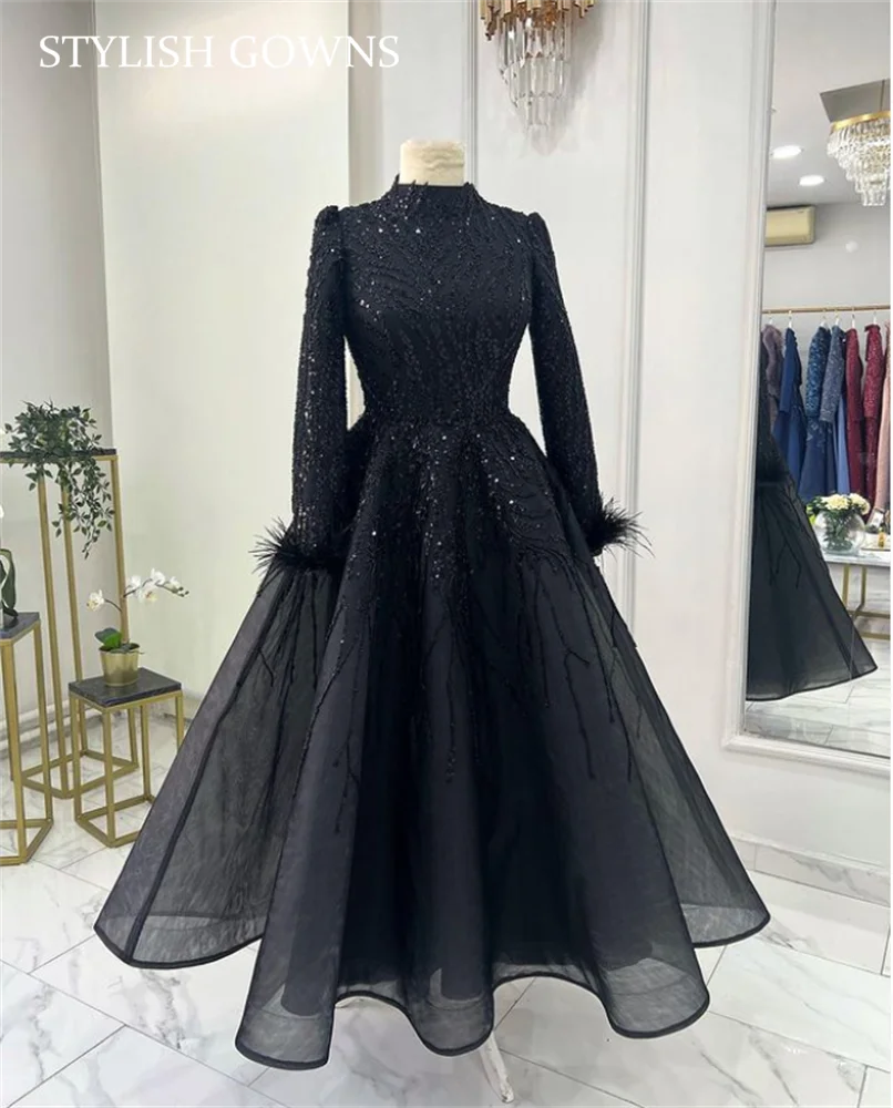 Black High Neck Evening Dress Beaded Muslim Prom Dresses Full Sleeve Moroccan Caftan Feathers Formal Party Ball Gown Customized