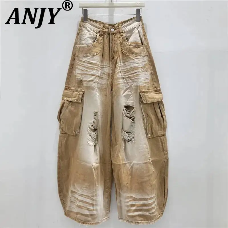 ANJY Spring Autumn New Women American Style Retro Ripped Rivet Ins Jeans Distressed Loose Casual Fit Wide Leg Denim Pants A25193