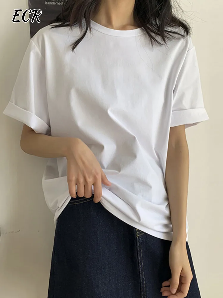 

ECR Minimalist Basic T Shirts For Women Round Neck Short Sleeve Solid Casual Loose Summer Shirts Female Fashion Clothes New 2024