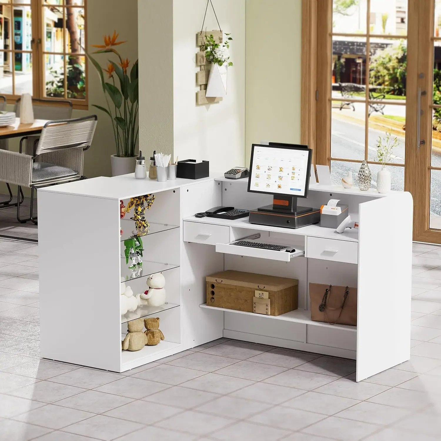 [متجر هيلونج] مكتب استقبال مع عداد للبيع بالتجزئة والخروج، عداد استقبال أمامي حديث مع أدراج وأرفف مفتوحة، L-Sha