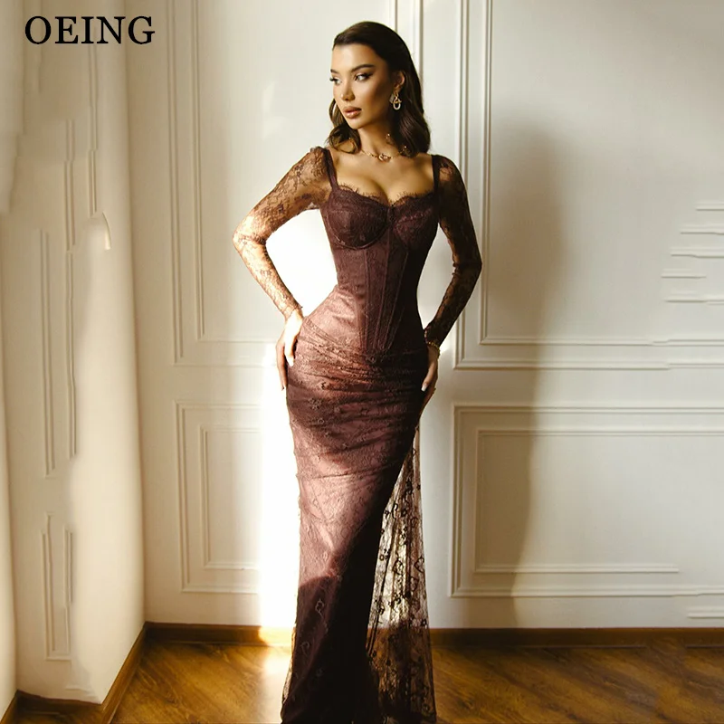 

OEING Elegant Mermaid Prom Dress Lace Pleats Square Collar Long Sleeves Floor Length Gala Party Dress vestidos Customized