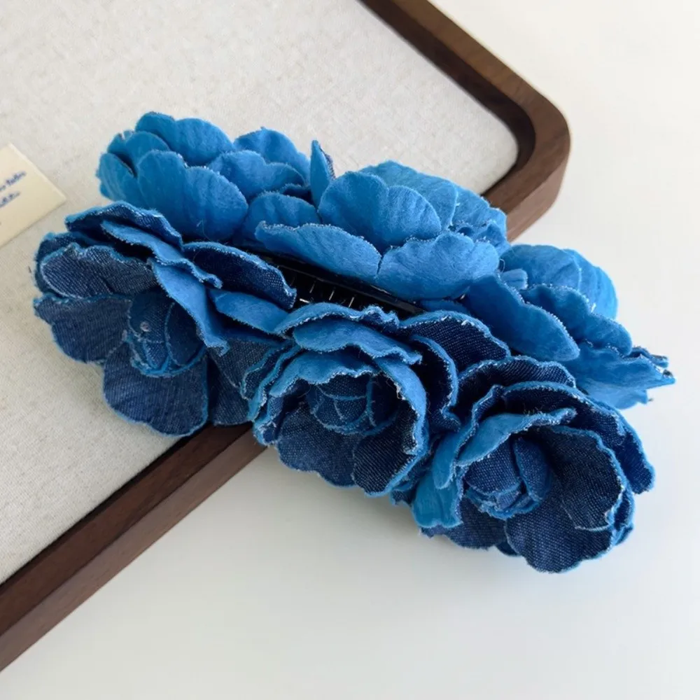 Заколка в виде акулы, джинсовые заколки с синим цветком и бананом, корейский стиль, камелия, женская вертикальная заколка, пластиковая ткань, витая заколка для волос с цветочным принтом для девочек