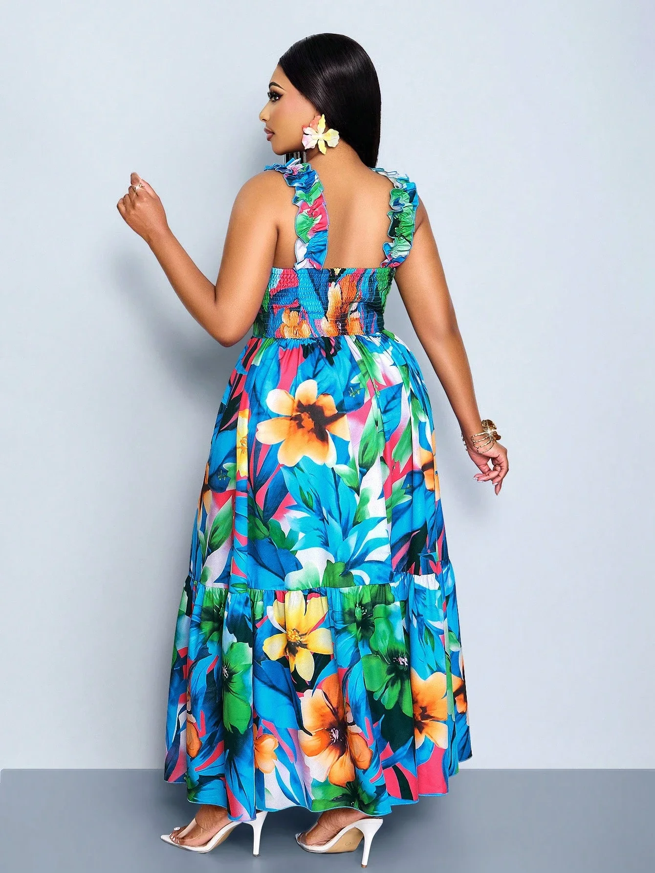

Women's Plus Size Sleeveless Floral Print Maxi Dress With Spaghetti Straps Twist Knot Cinched Waist A-Line Summer Beach