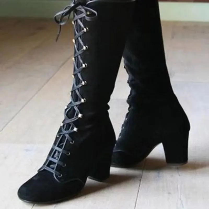 Autumn Winternew Arrivalknee Socks Women's Boots Flat Head Thick Heel Front Tie Fashion Able Plus Size 36-45 Women's Boots