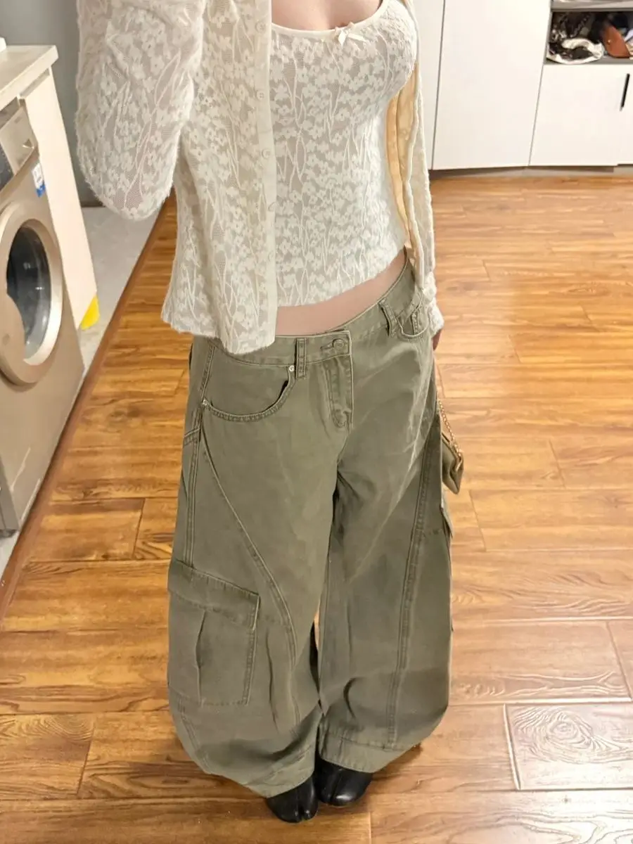 Retro Gray-green High-waisted Tooling Wide-leg Jeans Women's Loose and Thin Straight Floor-mopping Trousers
