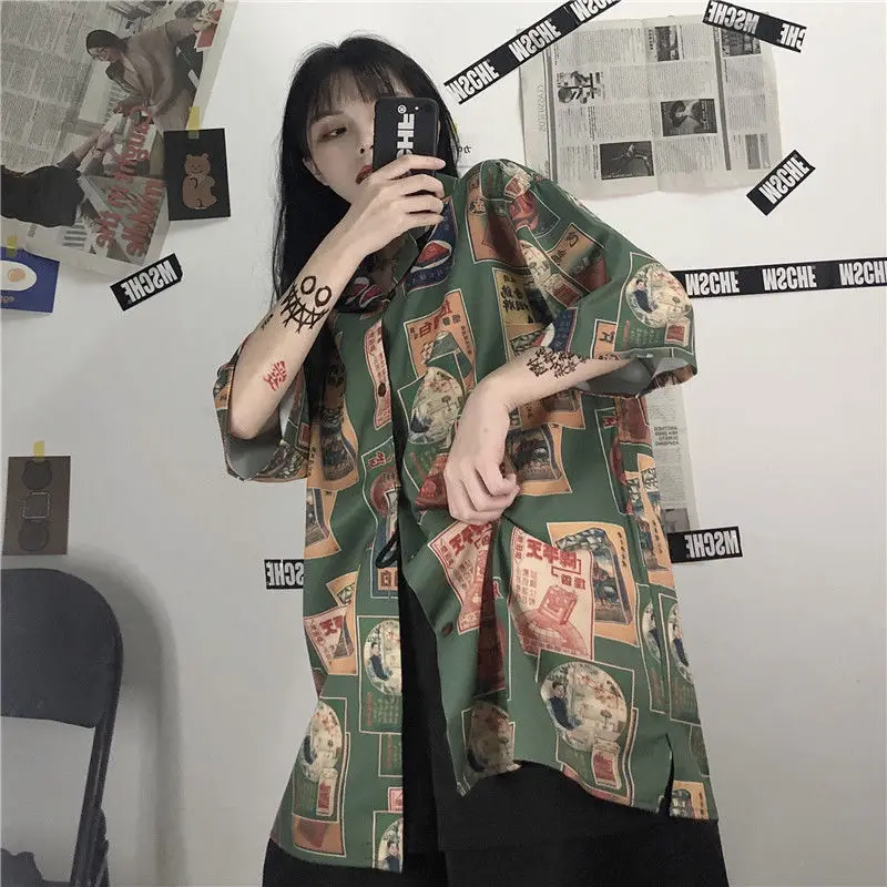 2022 Harajuku Blouses Woman Vintage Streetwear Japanese Style Cool Short Sleeve Oversized Button Up Shirt Alt Clothes Fashion