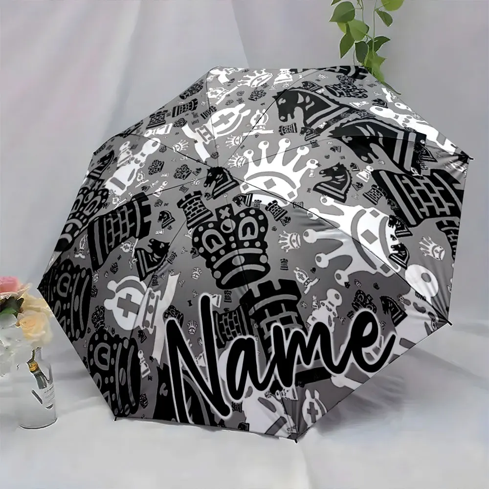 Custom Name Chess Themed Umbrella with Monochrome Designs Print 8 Iron Ribs Folding Umbrella, Auto-Open Fashion Sunshade
