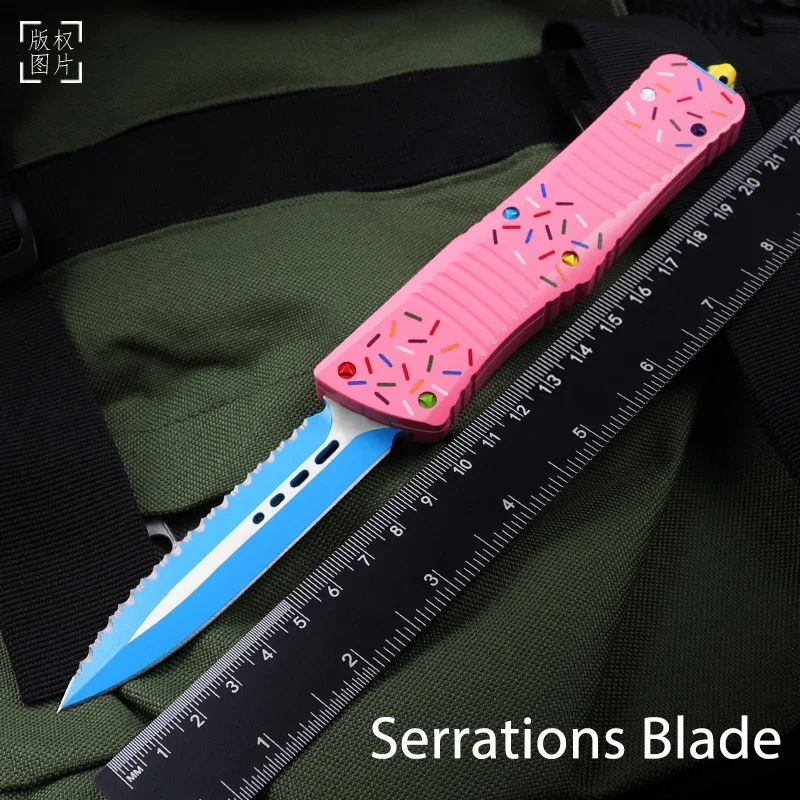 

Donut Pink COMBAT TROODON Knife MICRO TECK TECH KNIFE Blue Coated D2 Blade CNC T6 Handle EDC Self Defense Taticial Pocketknife