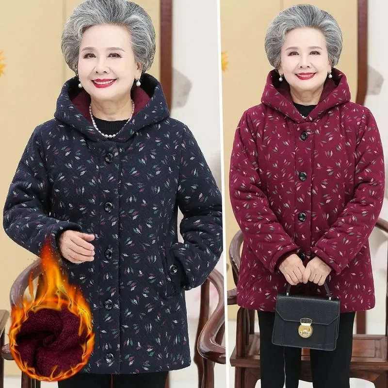 New Cotton-Padded Grandma Winter Clothes Plus Velvet Super Warm Coat Old Clothes Mother Hooded Warm Cotton-Padded Jacket