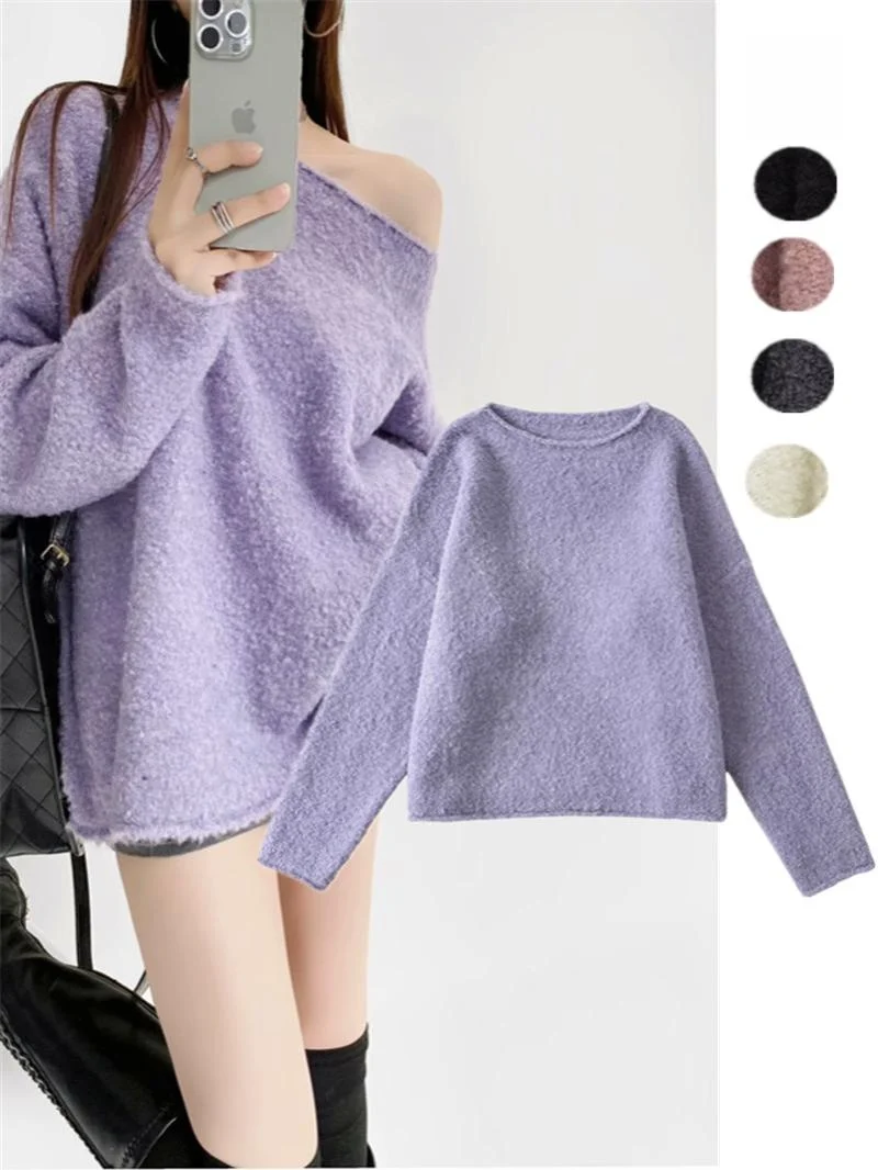 

Lazy Girl round Ne Long Sve oulder Bared Loose Fit Sweater Street Sle Versatile Casual Top for Young Women