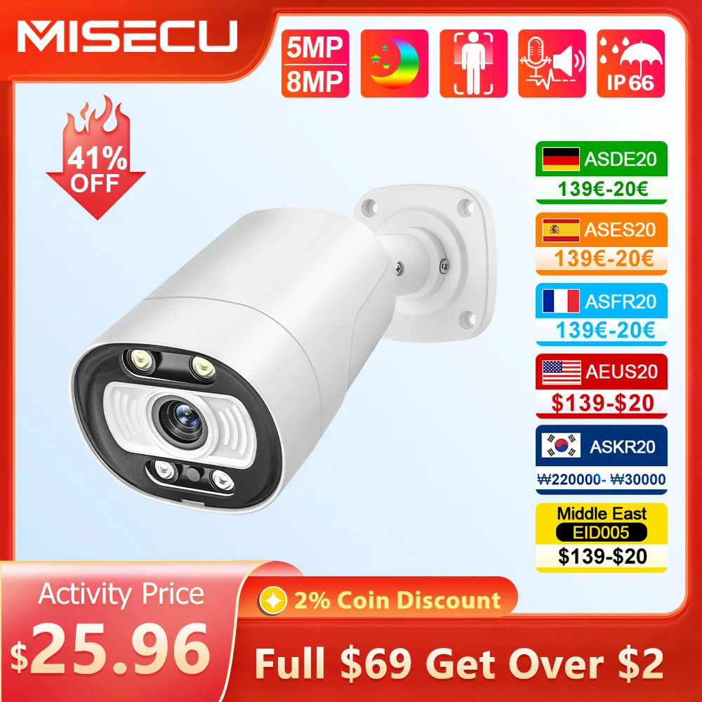 MISECU H.265 4K Ai POE Camera 5MP 8MP Two-way communication Human Detect Outdoor Camera For CCTV System Surveillance System