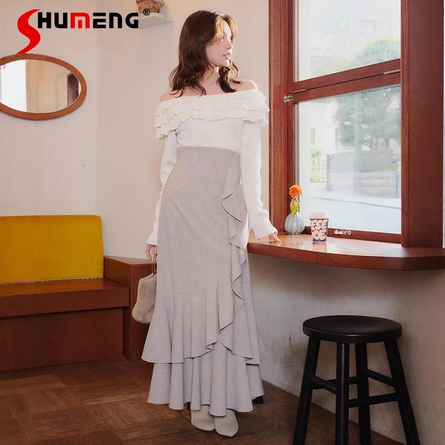 

Новая летняя женская юбка в японском стиле 2026 года: модная, элегантная, с высокой талией, облегающая, с оборками, длинная, повседневная, в стиле «рыбий хвост»