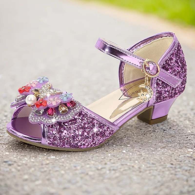 Girl's Glitter Sandals Kid's Rhinestone Butterfly Latin Dance Shoe Children High Heel Princess Shoes Leather Wedding