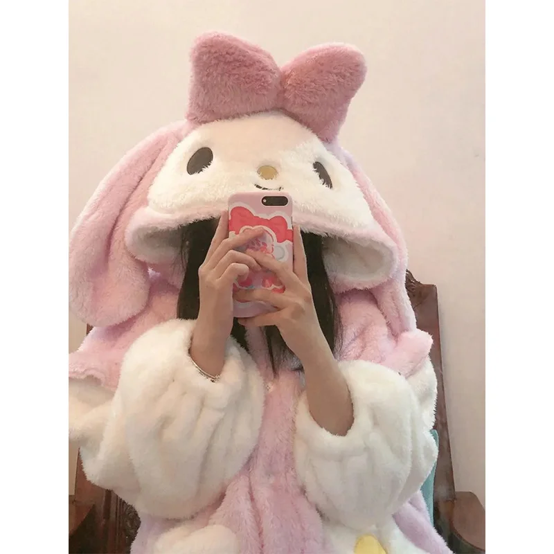 Sanrio Melody autumn and winter hooded nightgown coral fleece cartoon pajamas nightgown fleece thickened nightgown women