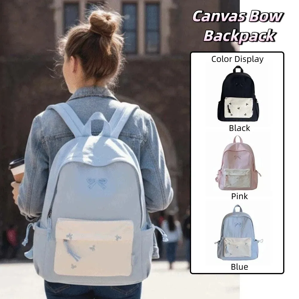 

Daypack Canvas Bow Backpack Embroidered Casual Students School Bag Fixed Webbing Scratch Prevention Large Capacity Backpack Men
