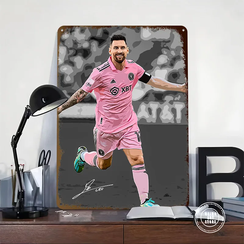Lionel Messi Inter Miami Illustration 3D Texture Printed Poster Custom Vintage Metal Tin Plate Sign for Wall Art Decoration Room