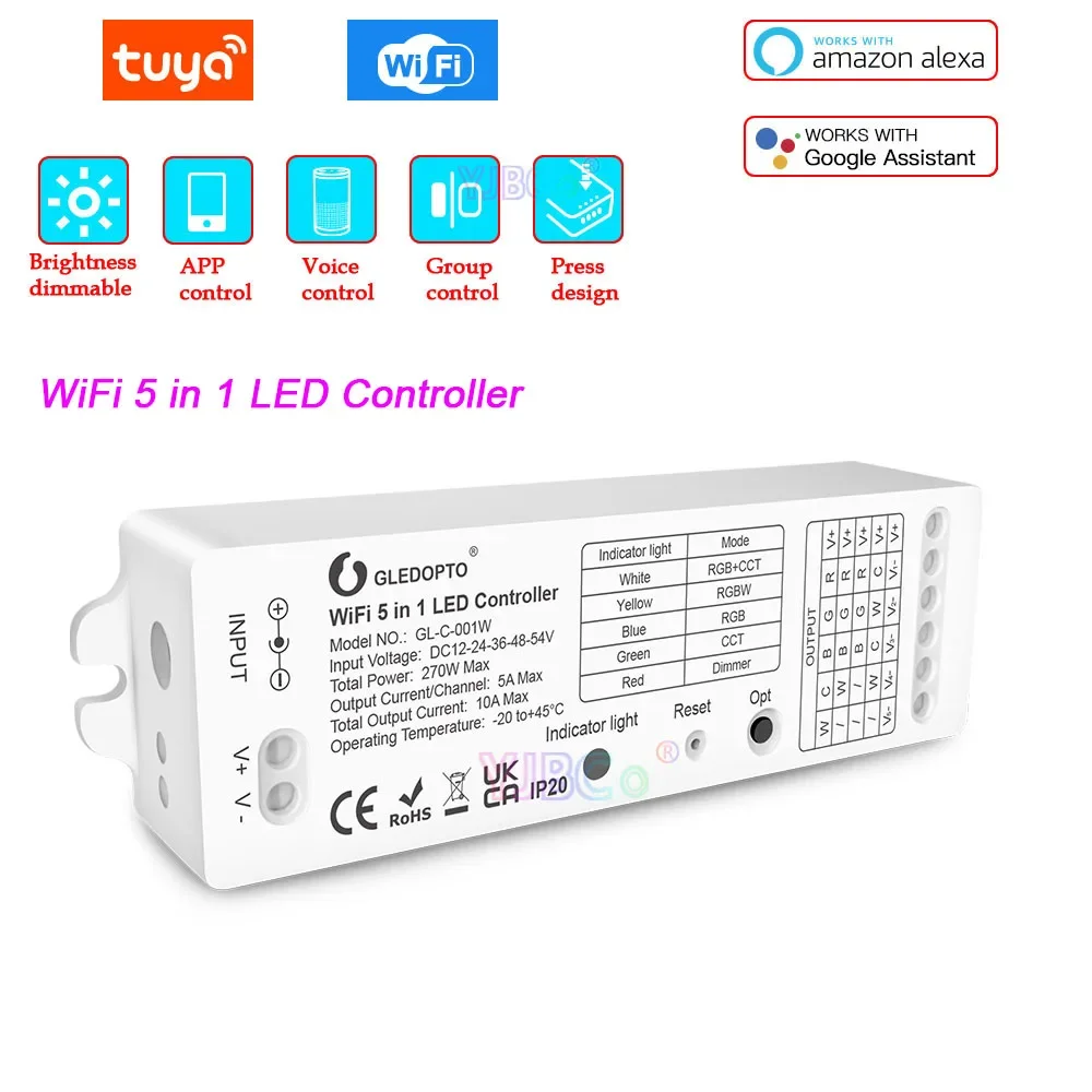 

Gledopto WiFi WW CW RGB RGBW RGBCCT 5 IN 1 LED Strip Controller App/ RF Remote/ Alexa Voice Control No Hub Require 12V 24V 36V