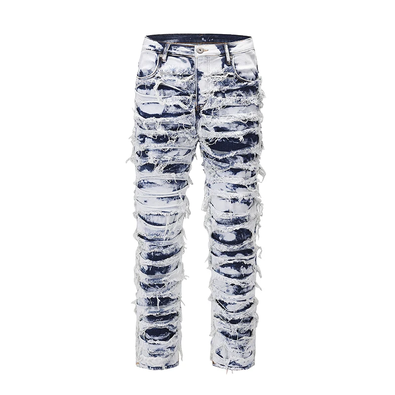 Harajuku Frayed Distressed Retro Tie Dye Jeans Pants Men and Women Straight Ripped Hole Washed Baggy Casual Denim Trousers