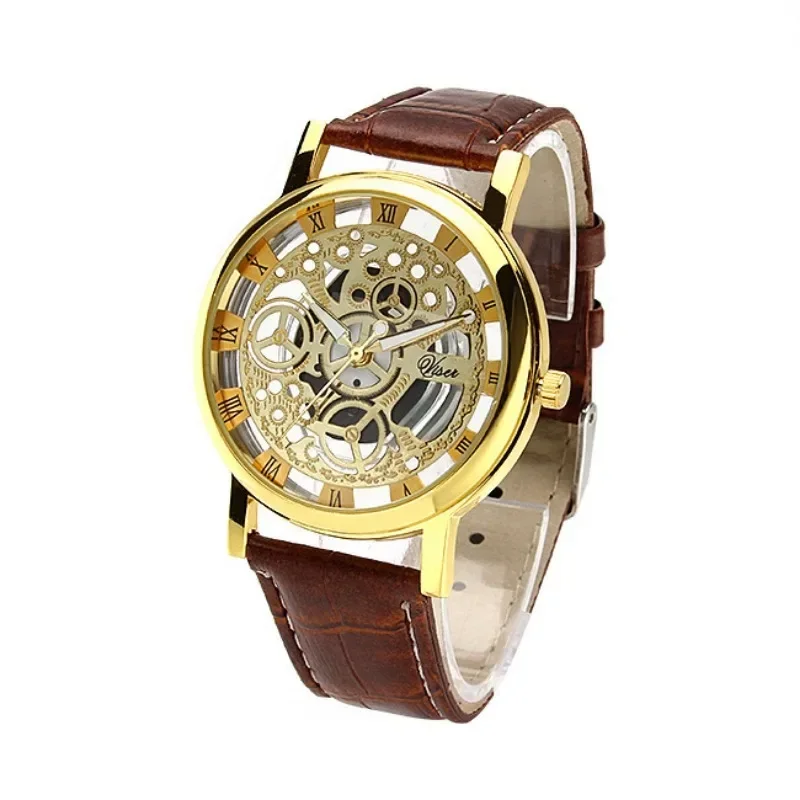 Reloj mecánico de imitación a la moda para hombre, relojes con esqueleto ahuecados, relojes de pulsera de cuarzo con banda de cuero, reloj Masculino