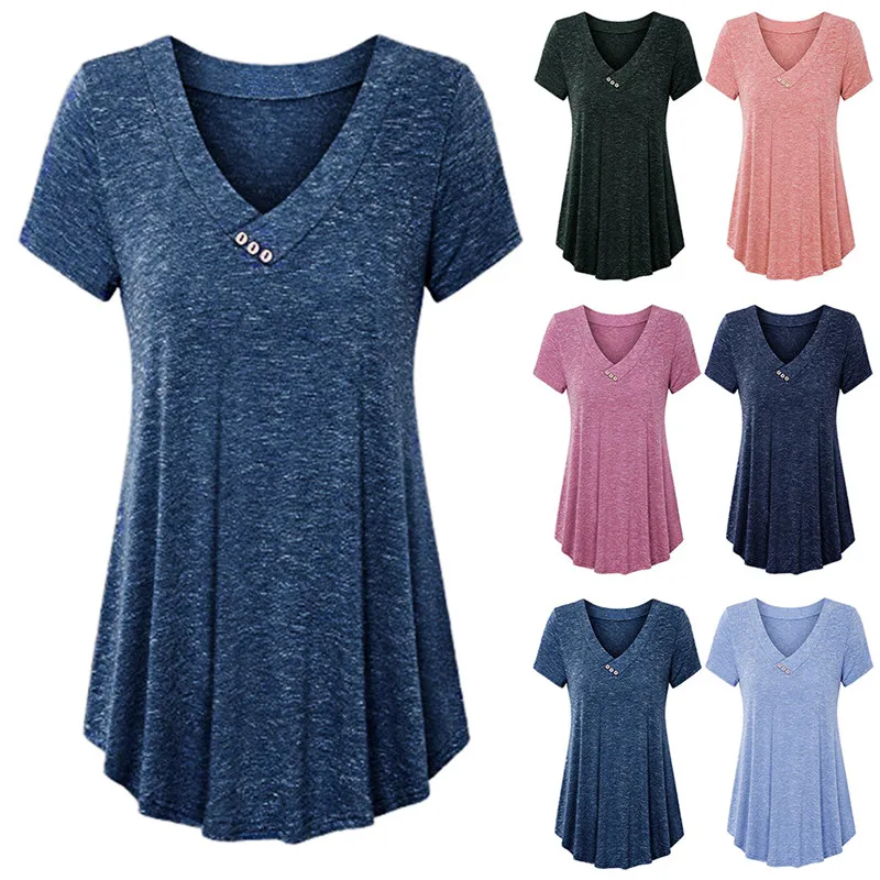 Street Sle Loose Fit Damen T-Shirt 2020 Big Size Damen Tops V-Ne ort Sve Polyester Blend Faion Sommer Top