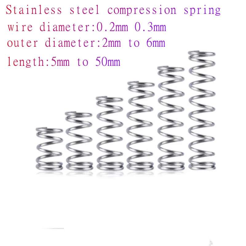 20 шт./лот, 0,2 мм, 0,3 мм, нержавеющая сталь, маленькая пружина сжатия, наружный диаметр 2 мм/3 мм/4 мм/5 мм/6 мм, длина от 5 мм до 50 мм