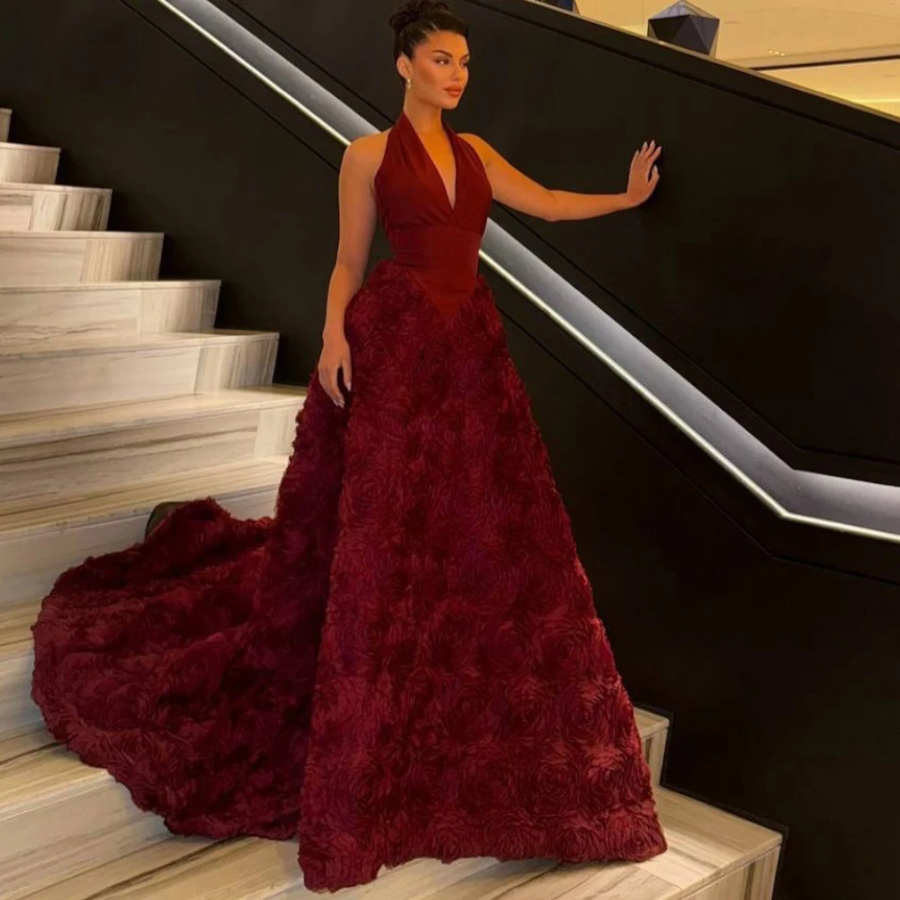 

Customized Classic Red Jersey Celebrity Gowns Formal Halter Sleeveless Evening Dress Classic A-Line Court Train Cocktail Dresses