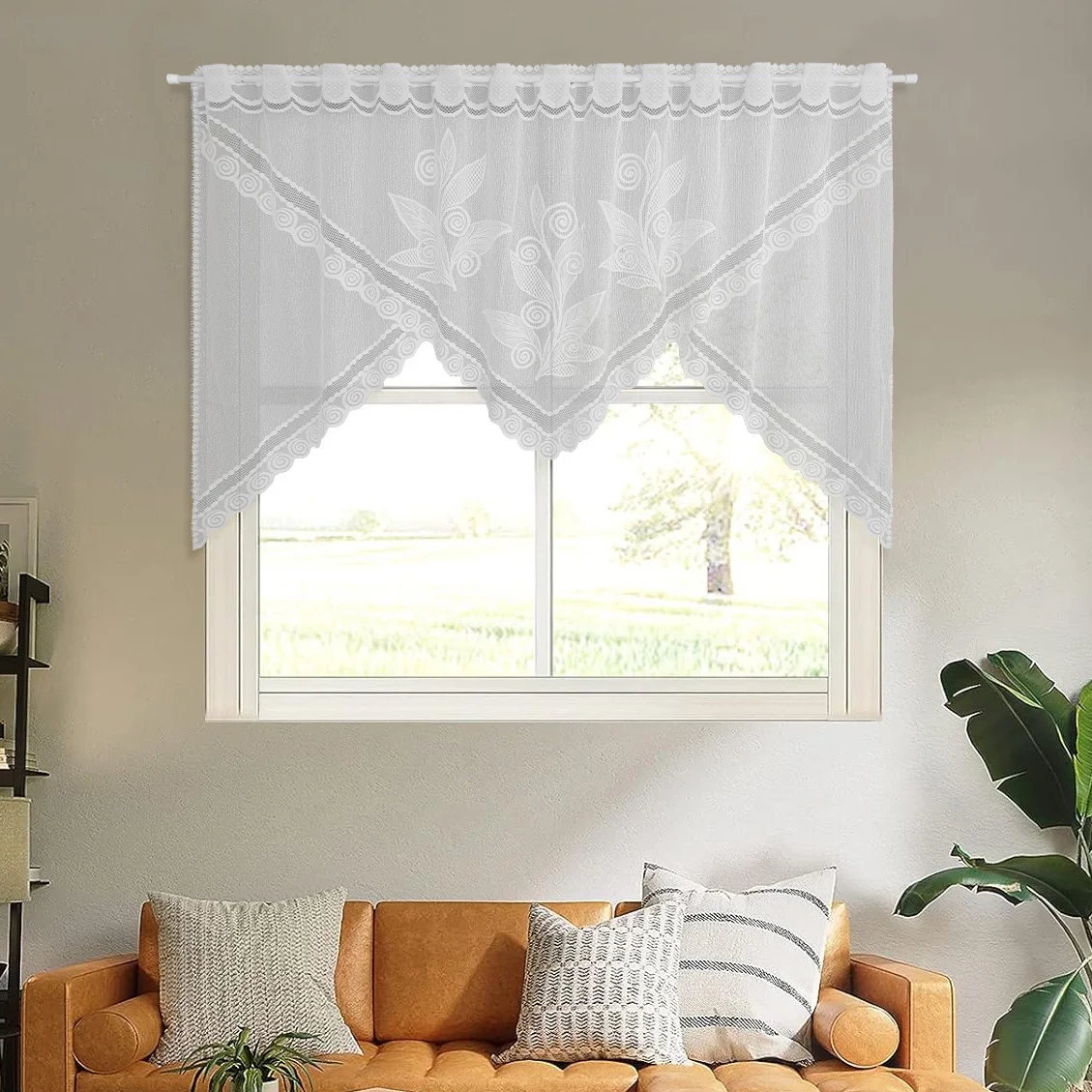 White Warp Knitted Lace Coffee Curtain Modern Minimalist Plant Floral Cut-Out Kitchen Door Curtain Shop Curtains