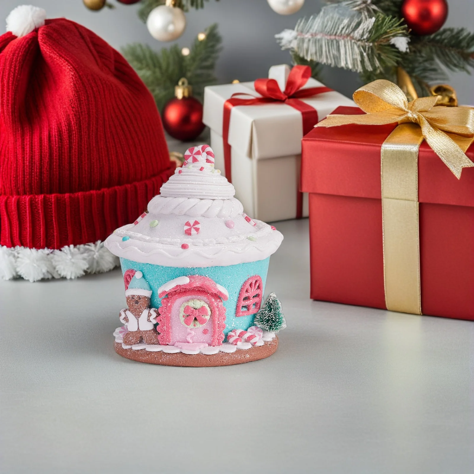 

Lighted Resin Castle House Christmas Decoration with LED Glow, Pastel Macaron Colors, Tabletop Holiday Village Decor for Xmas