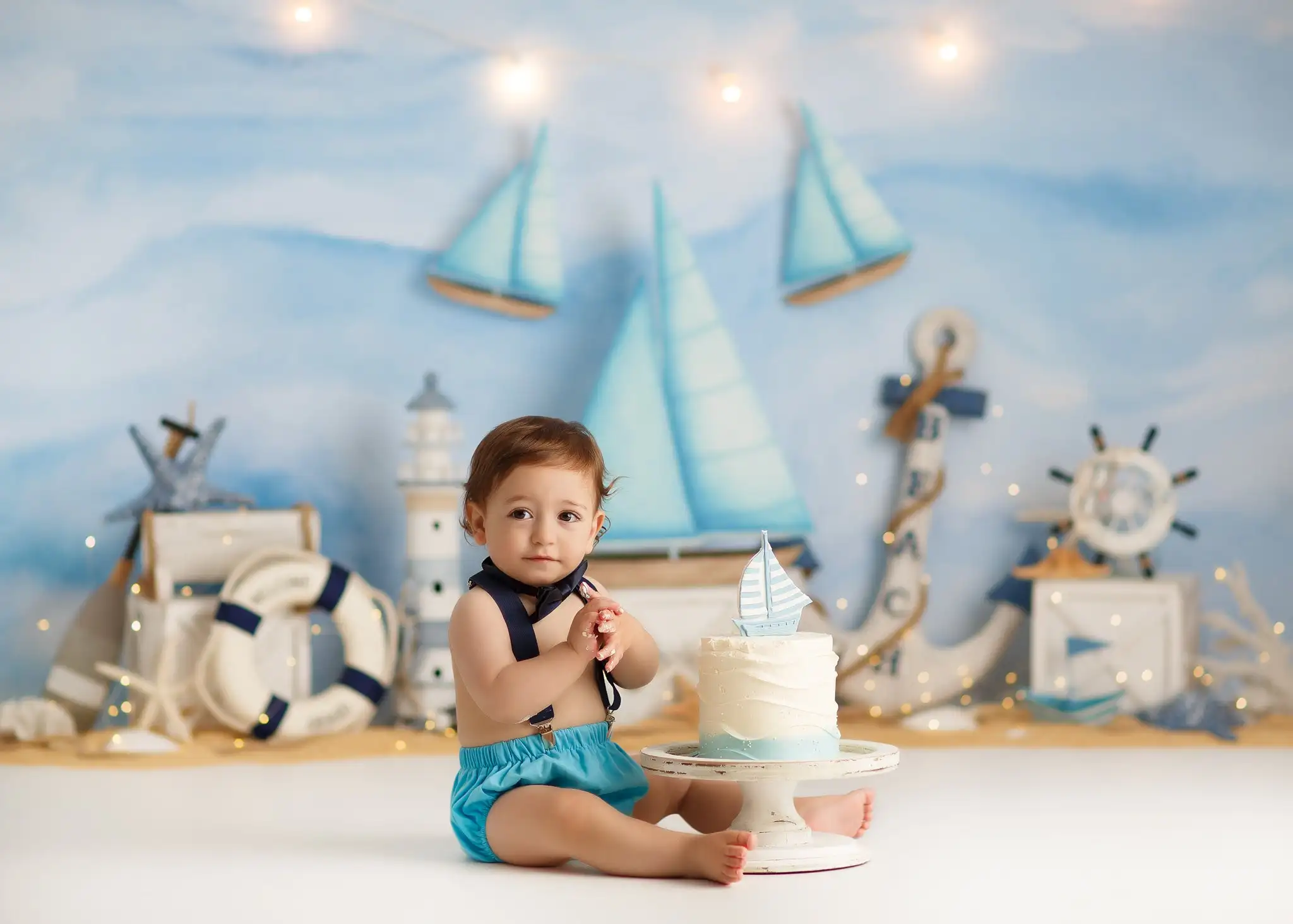 Blue Sailboat Backgrounds Summer Beach Lighthouse Kids Adult Photography Props Child Baby Oceangoing Voyage Decor Photo Backdrop