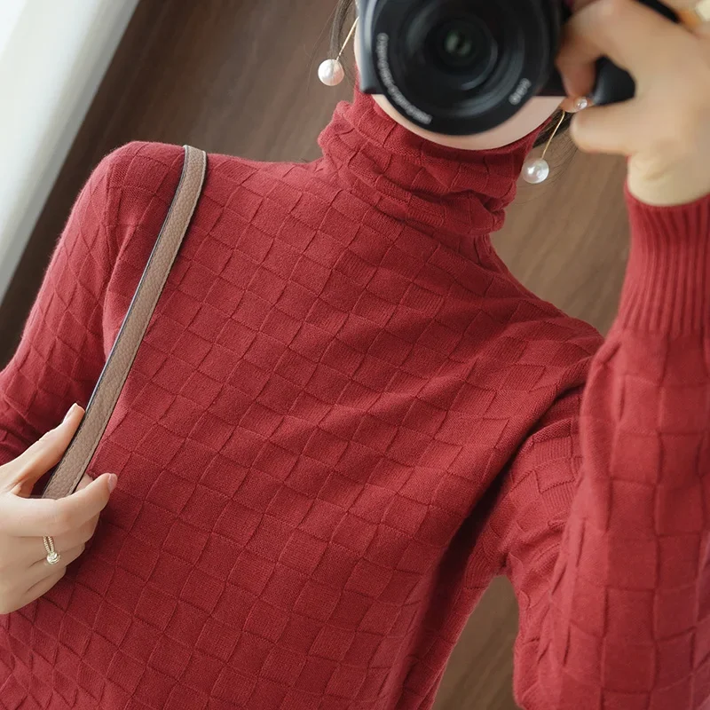 Tailor Sheep 2021 New Solid Color Long Sleeved Wool Sweater Women Knit Turtleneck Ribbed  Check Jacquard Bottoming Shirt