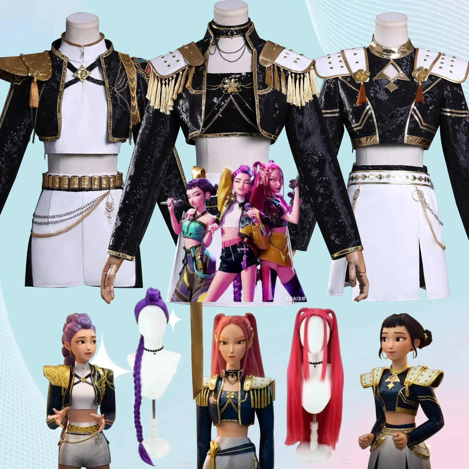 

Anime KPop Demon Hunter Cosplay Costume Super Female Star Mira Zoe Rumi Black Gold Suit Cosplay Halloween Costume Adult Children