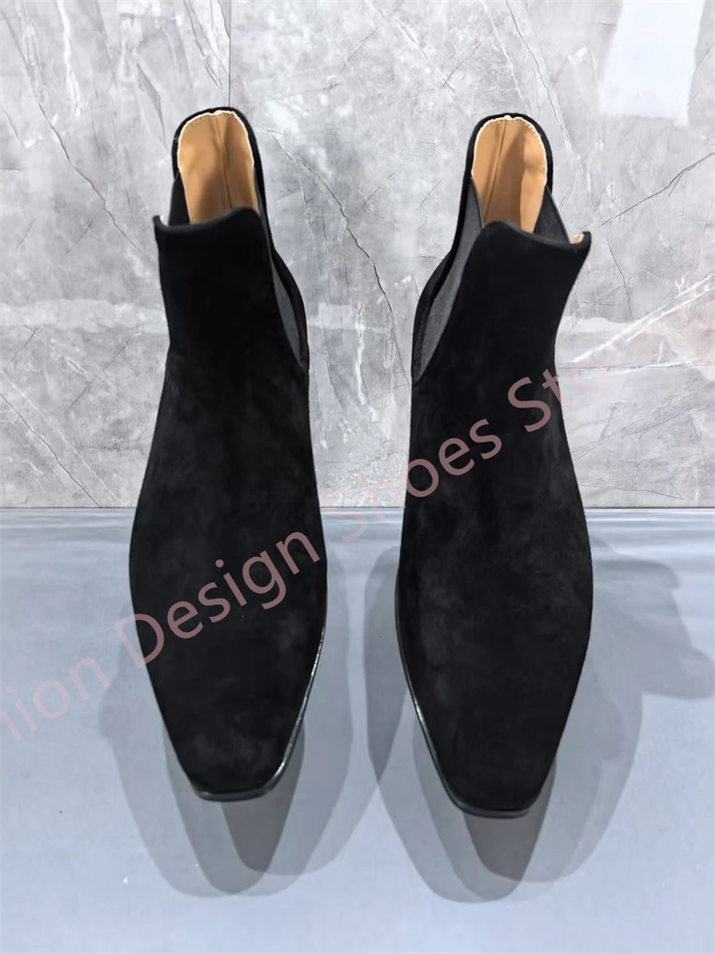 Stivaletti da uomo con fascia elastica Tacco basso in pelle scamosciata nera Street Style Primavera Novità in scarpe casual da uomo di grandi dimensioni 40-47