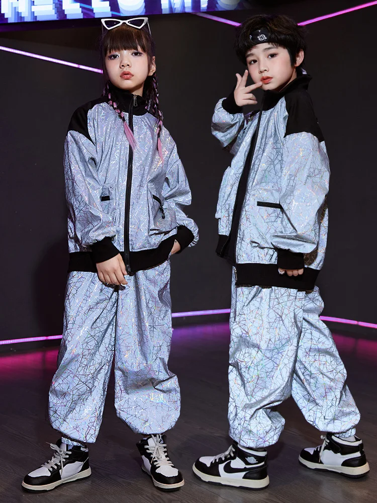 Kinder Street Dance Kleidung Set Junge Fantasie Reflektierende Anzug Hip Hop Leistung Kostüm Für Mädchen Laufsteg Kind Trommel Kleidung