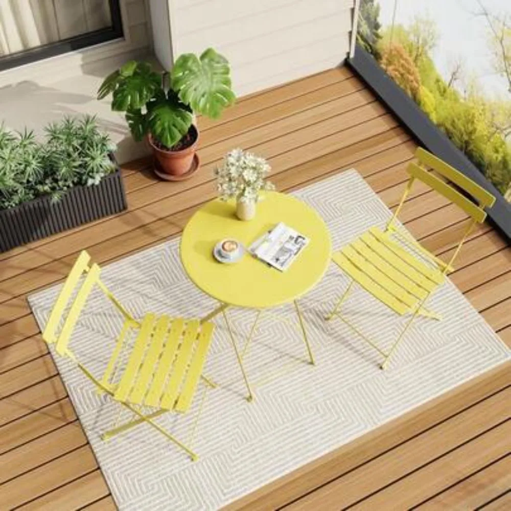3 Piece Outdoor Folding Bistro Set with Table and 2 Chairs, Premium Steel Frame Patio Furniture, Space Saving Design, Compact Dimensions for Balcony, Garden, Yard, Porch, Poolside and Indoor Use