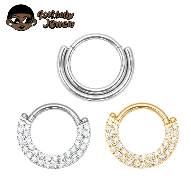 ASTM F136 Titanium Clicker Septum Nose Ring Sector CZ Daith Earring Hoop Front Facing Hinged Segment Piercing Body Jewelry