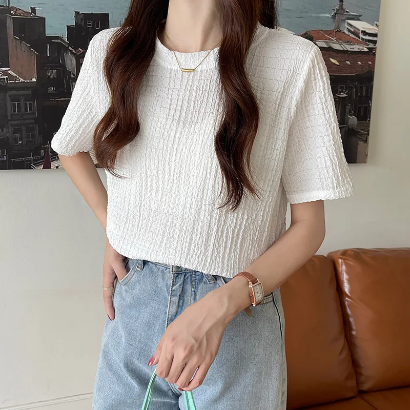 T-shirt sottile a maniche corte jacquard pieghettata tinta unita retrò francese per donna nel top di nicchia dal design estivo