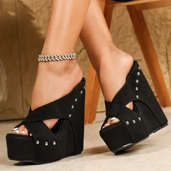 Eilyken New Design Rivet Peep Toe Woman Slippers Fashion Platform Wedge Slide Shoes Sexy Super High Heels Ladies Sandals